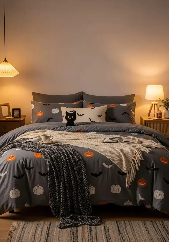 Cozy bedroom with Halloween-themed bedding in gray and orange tones, layered throws, and subtle pumpkin and bat patterns