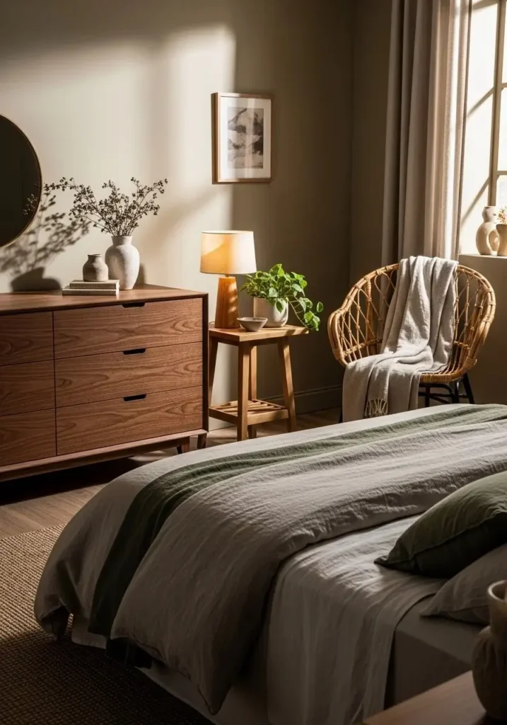Grown woman’s bedroom with wooden furniture accents for warmth and sophistication