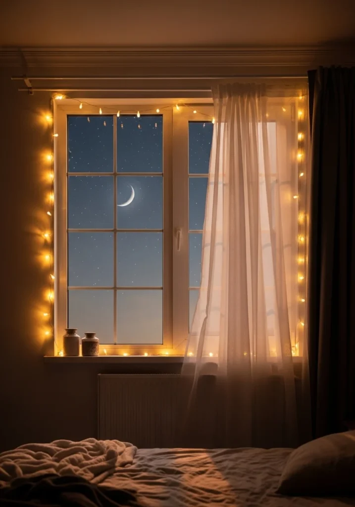 String lights framing bedroom window with soft glowing curtain ambiance