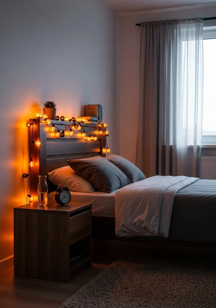 Bed with orange and black Halloween string lights draped on headboard and shelves for a cozy glow