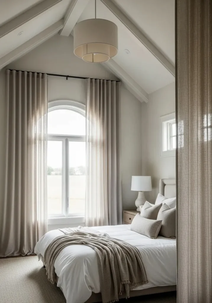 vaulted ceiling bedroom with floor to ceiling curtains
