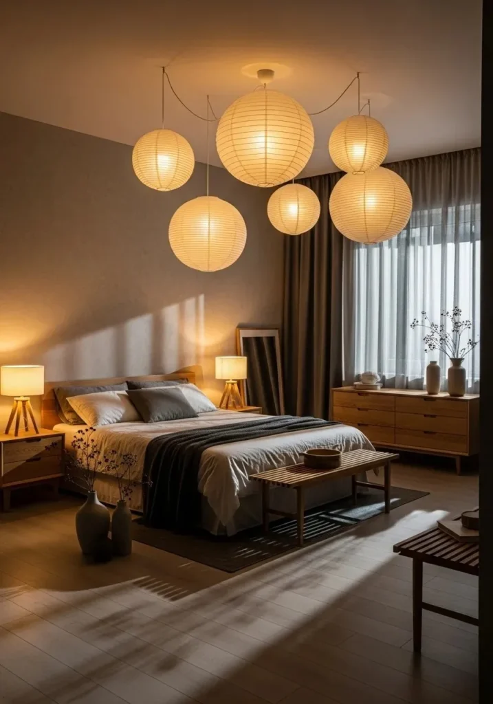 Japandi bedroom with soft warm lighting from paper lanterns and wooden lamps.