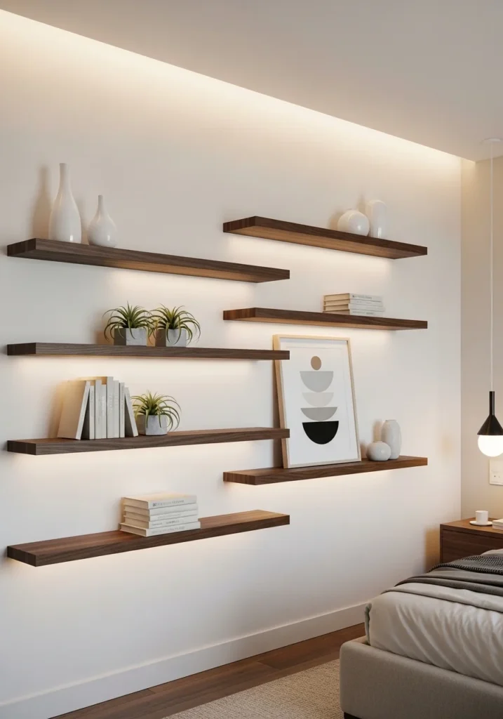 Dark floating shelves creating contrast against light bedroom walls for depth and style