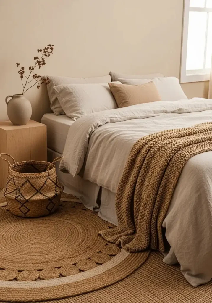 boho coastal bedroom textures with linen bedding and jute rug for layered natural look