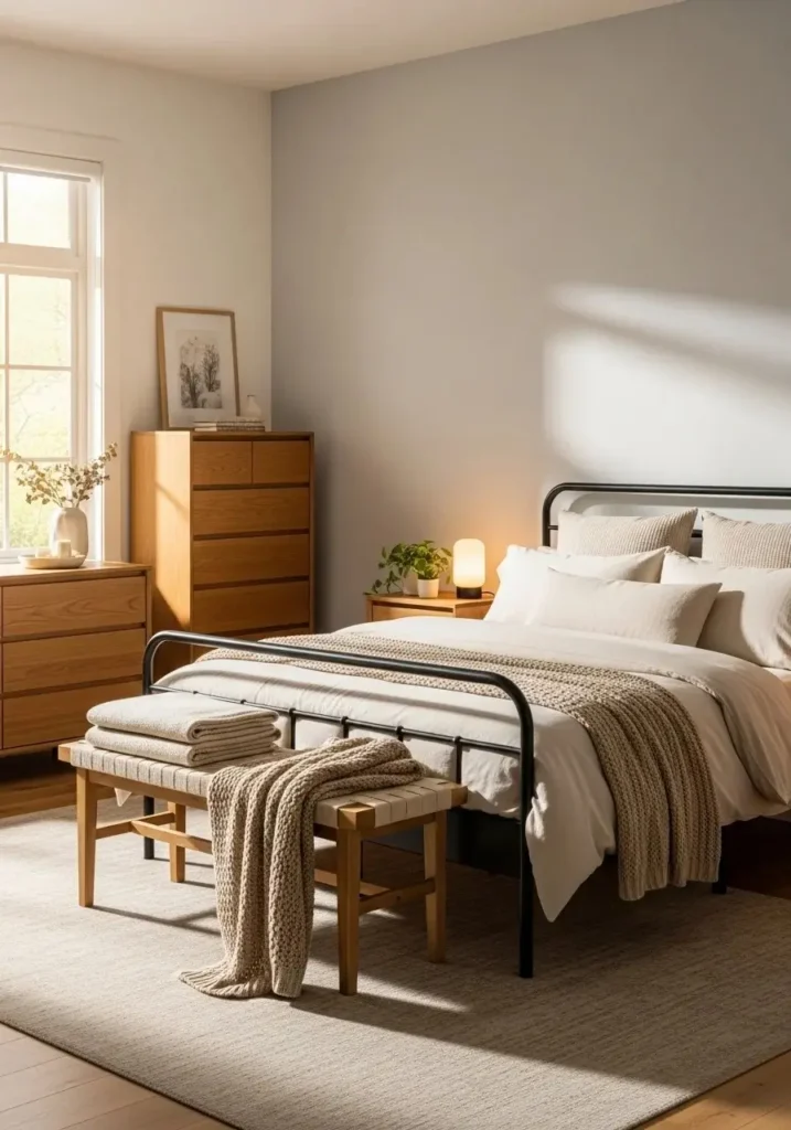 black bed frame with soft neutral layers cozy bedroom idea