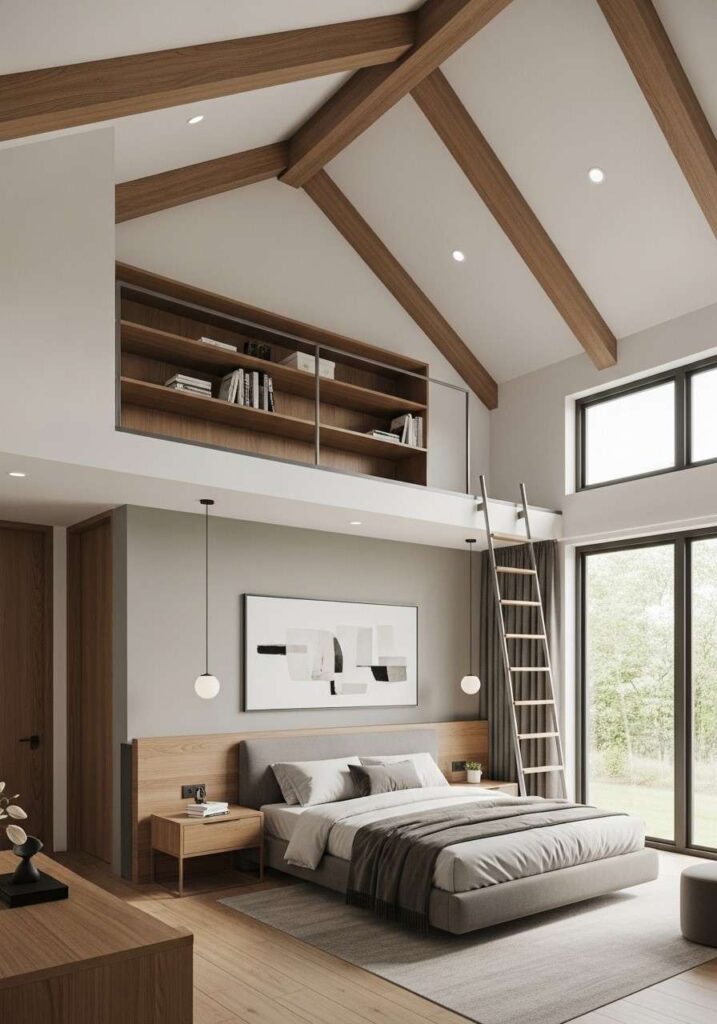vaulted ceiling bedroom with loft or elevated nook