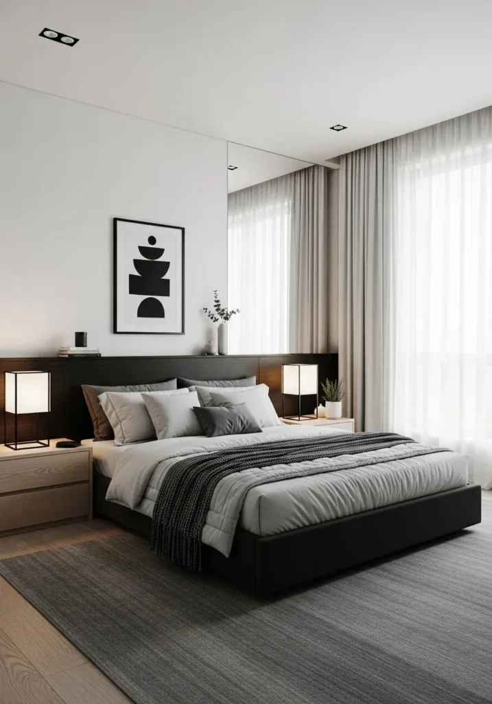 Black and white bedroom with warm accents for a modern balanced look
