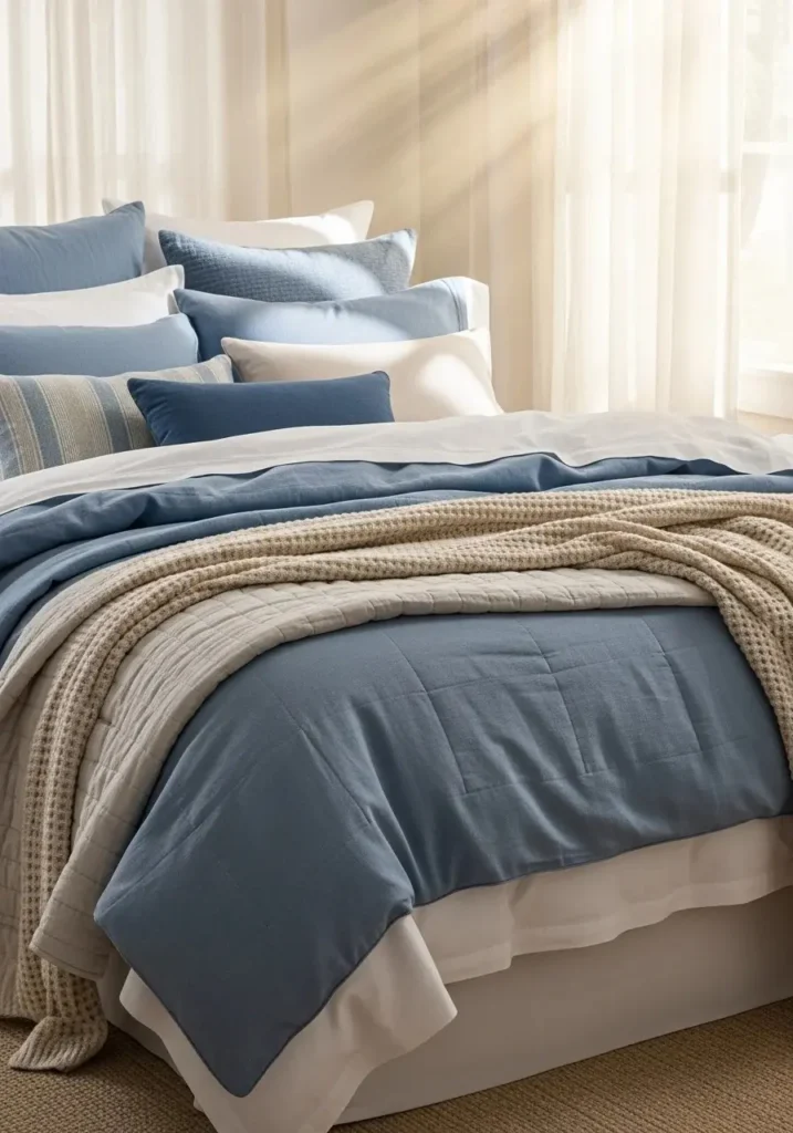 Layered bedding in various shades of french blue with ivory sheets creating a cozy, inviting bed.