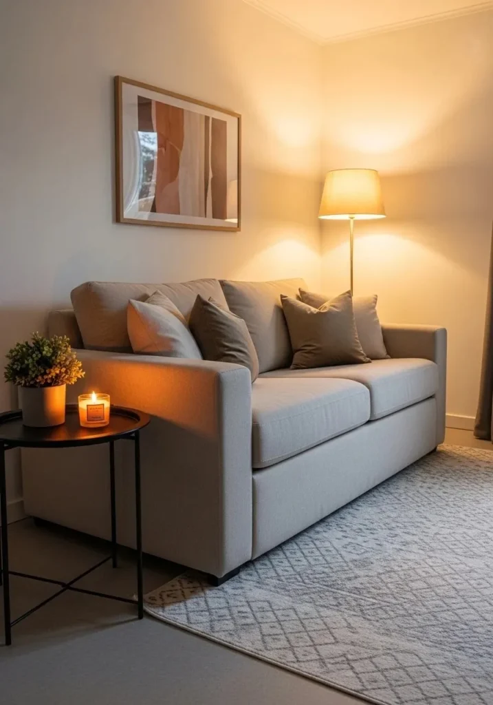 Black side table next to sofa with minimal decor, providing functional contrast and visual interest.