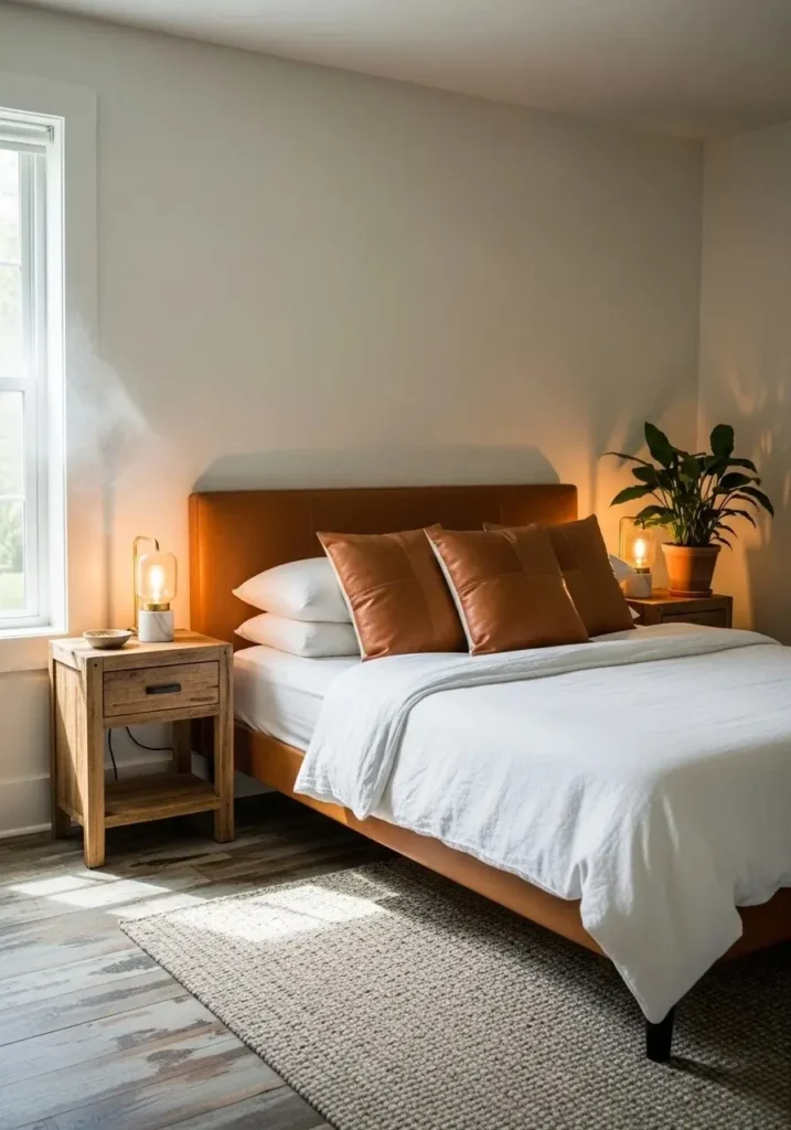 White linen bedding layered with leather accents in a coastal cowgirl bedroom.