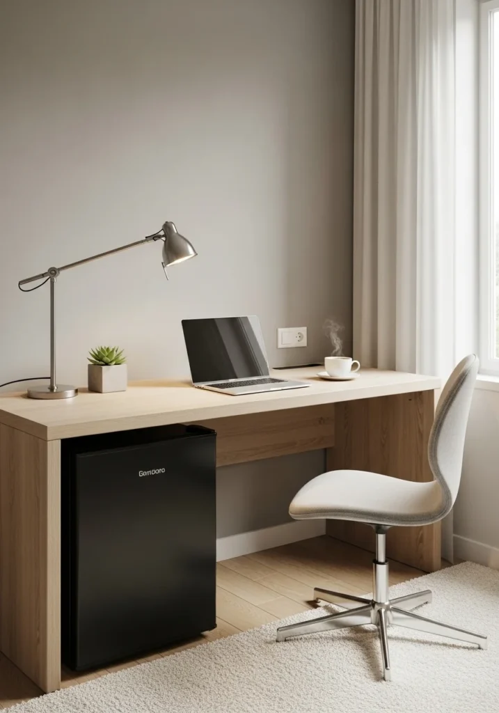 mini fridge under desk bedroom space saving idea