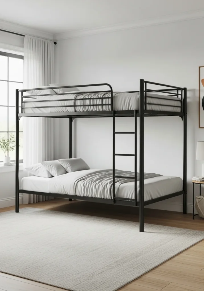 metal frame bunk bed with modern minimal bedroom styling