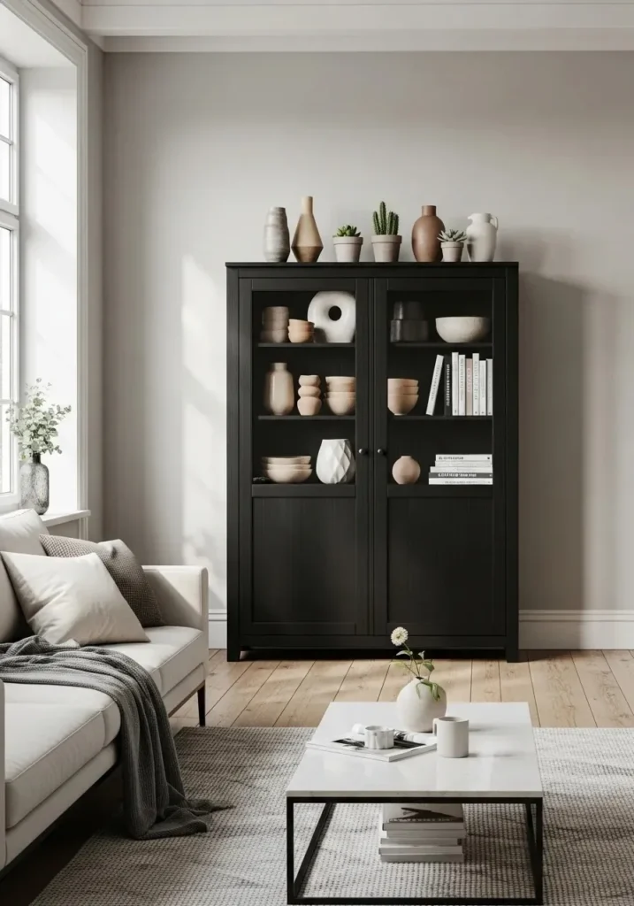 Black cabinet with glass doors showcasing curated decor, balancing darkness with transparency and elegance in living room