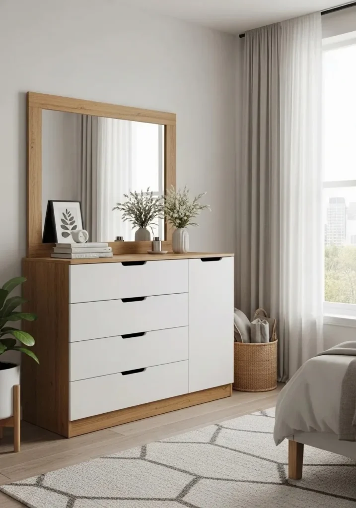 Small dresser in guest bedroom providing storage and functionality for guests