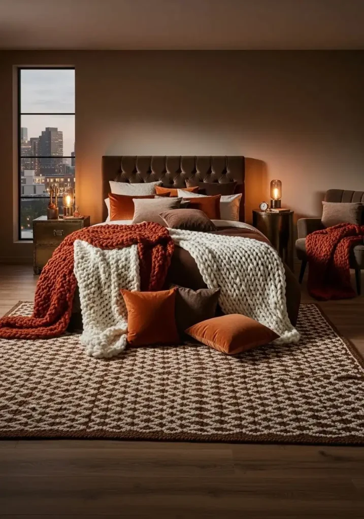Urban bronze bedroom with textured fabrics like velvet and knit throws
