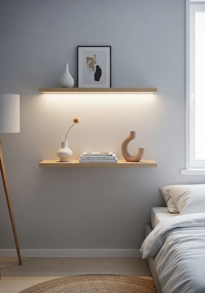 Single floating shelf styled simply for a clean and intentional bedroom look