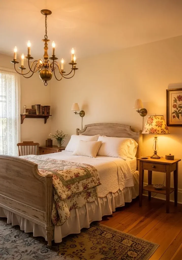 Vintage cottage bedroom with brass chandelier, wall sconces, and floral lamp for warm, cozy lighting.