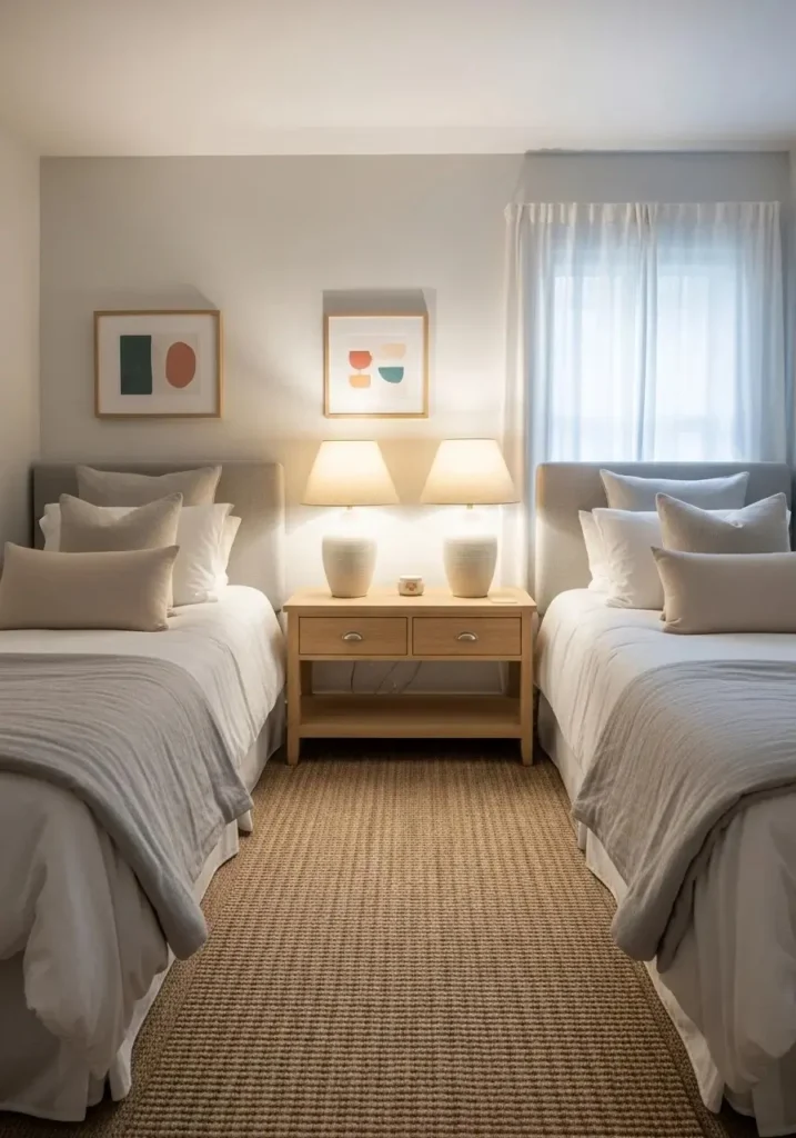 Symmetrical twin beds with shared nightstand and neutral bedding in a cozy guest bedroom
