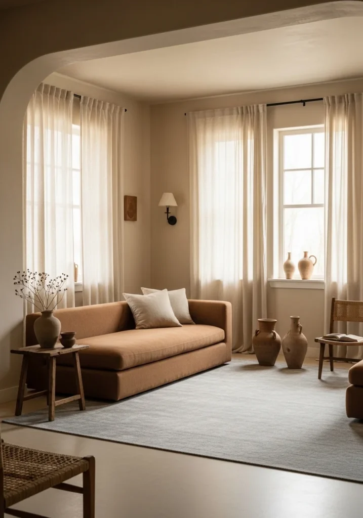 wabi sabi living room with soft earthy color palette in beige, clay, and warm neutral tones