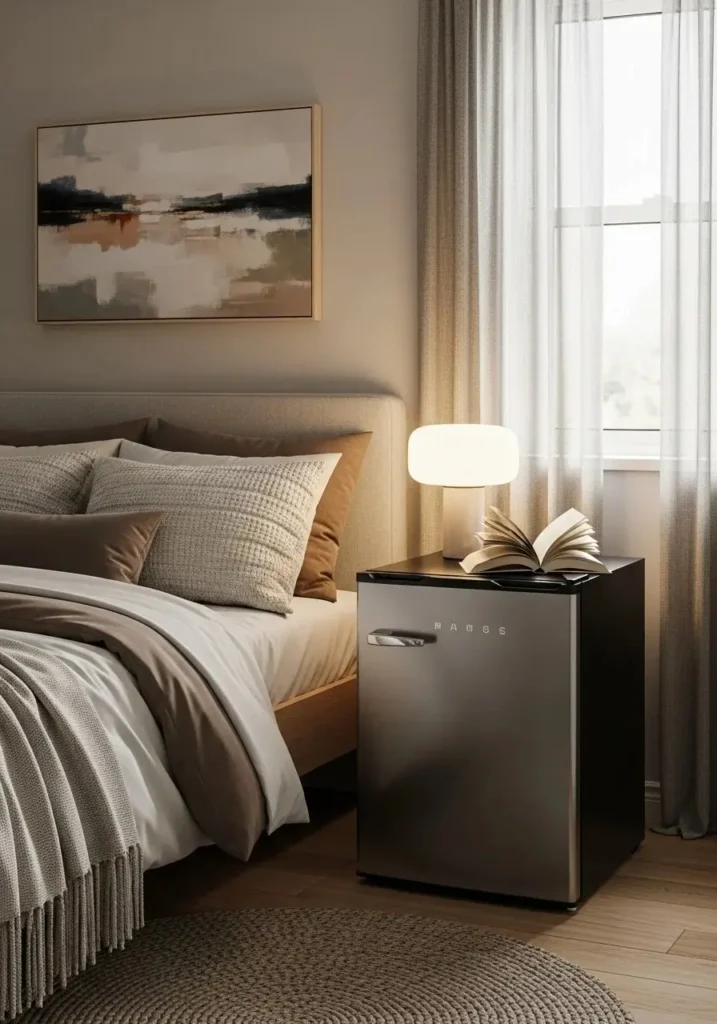 mini fridge nightstand alternative in cozy bedroom setup
