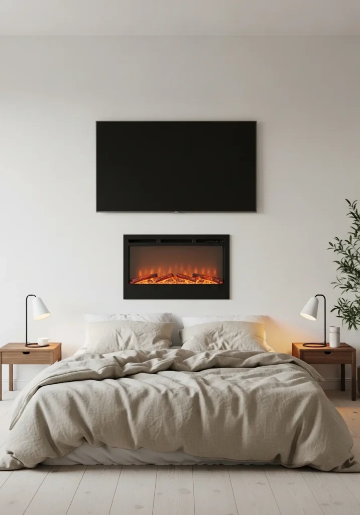 Minimalist electric fireplace in modern bedroom with neutral tones