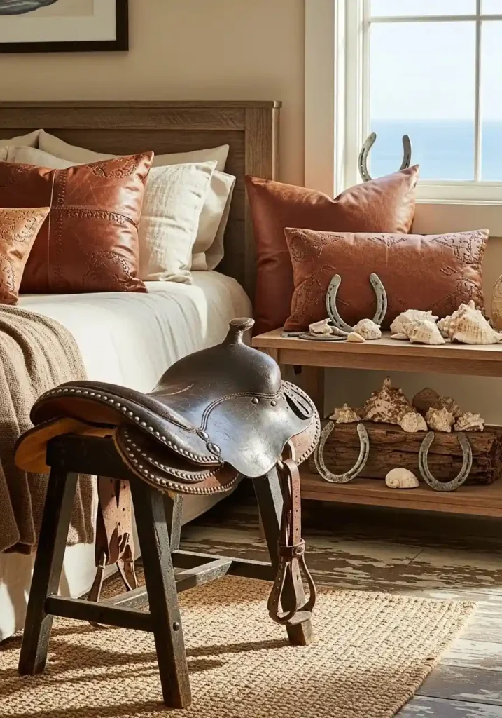Coastal cowgirl bedroom with subtle Western accents and coastal décor.