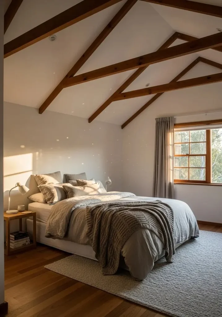 vaulted ceiling bedroom with exposed wooden beams warm design