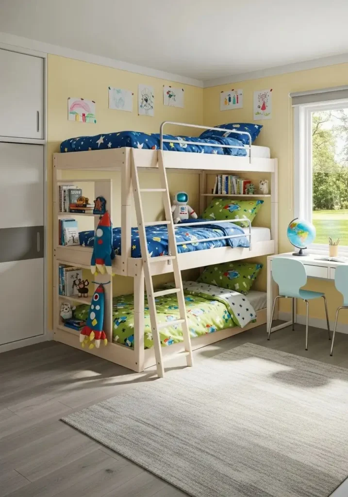triple bunk beds for shared bedroom and space saving design