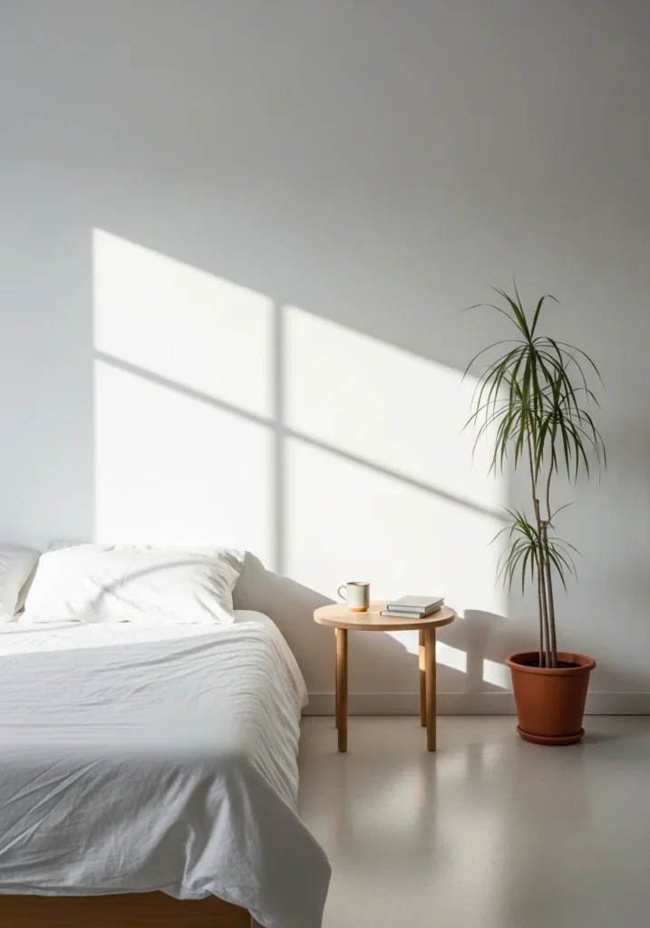 boho coastal bedroom with minimal empty corner creating calm visual balance
