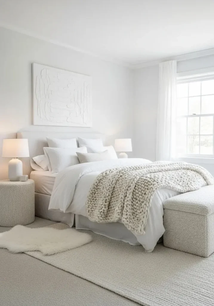 All white bedroom with layered textures creating a soft minimalist cozy look