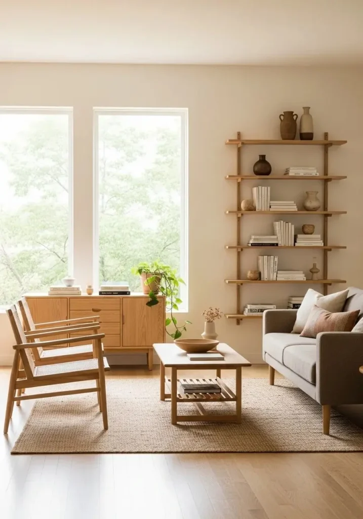Japandi living room with natural wood elements, oak furniture, and warm, minimal accents.
