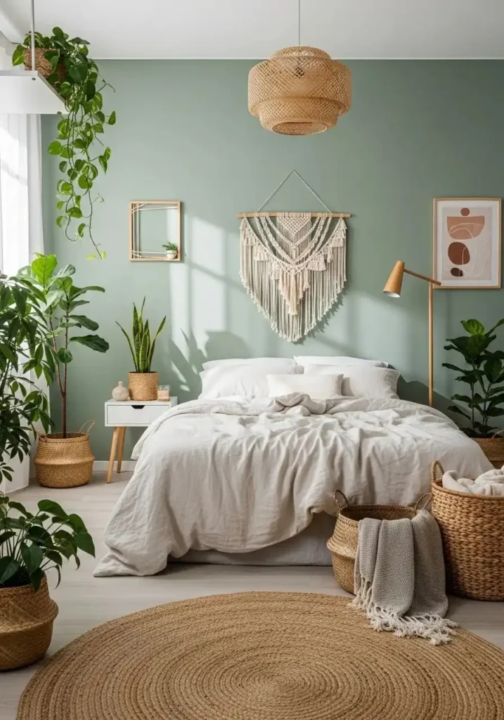 Sage green and off-white bedroom for a fresh natural and relaxing vibe