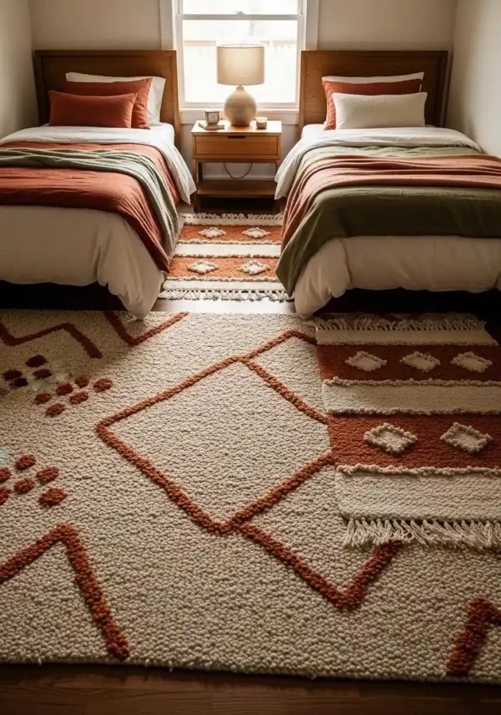 Layered rugs under twin beds adding warmth and texture to a guest bedroom