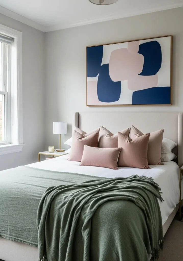 Grown woman bedroom with subtle pops of color in pillows, throw, and wall art for sophistication