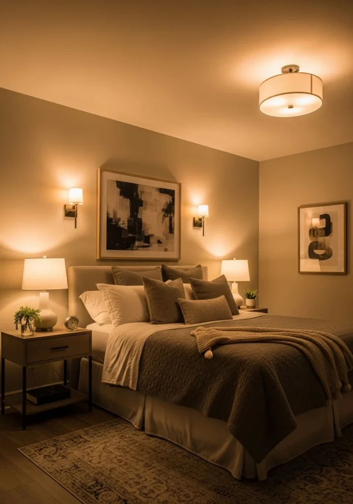 Elegant bedroom with layered warm lighting including lamps and sconces for cozy ambiance.
