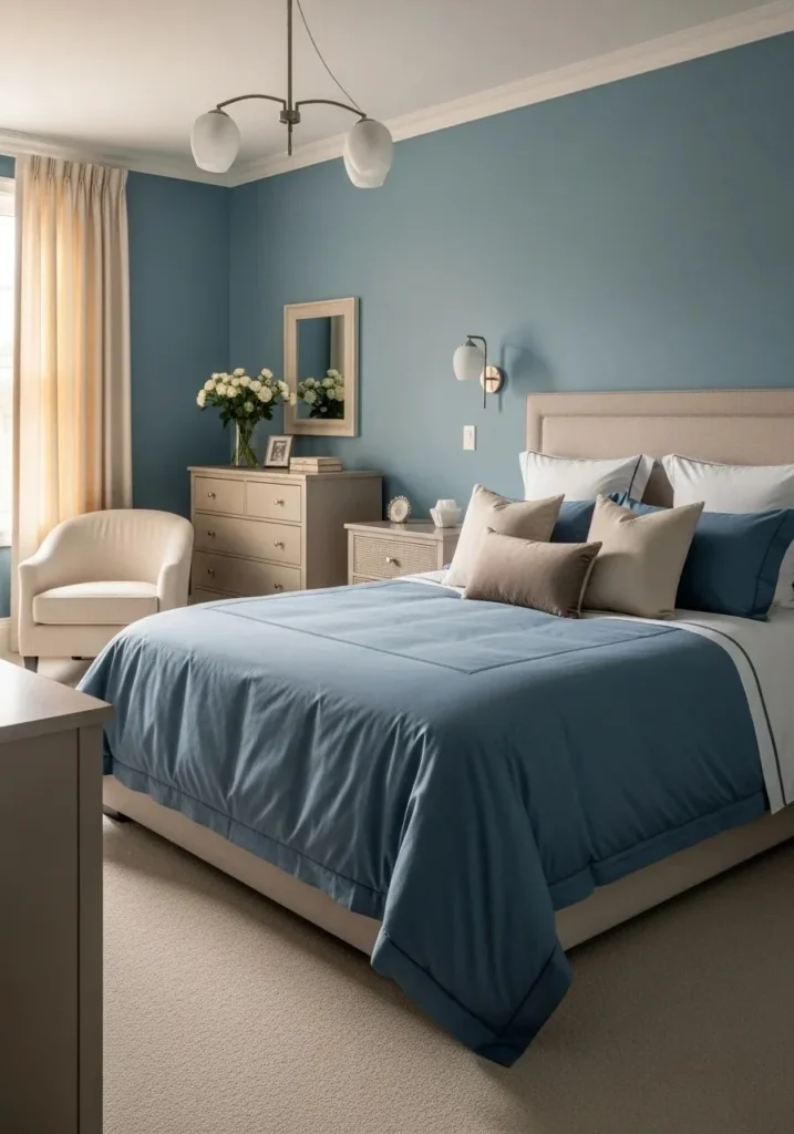 French blue bedroom paired with warm neutral tones for a balanced and inviting atmosphere