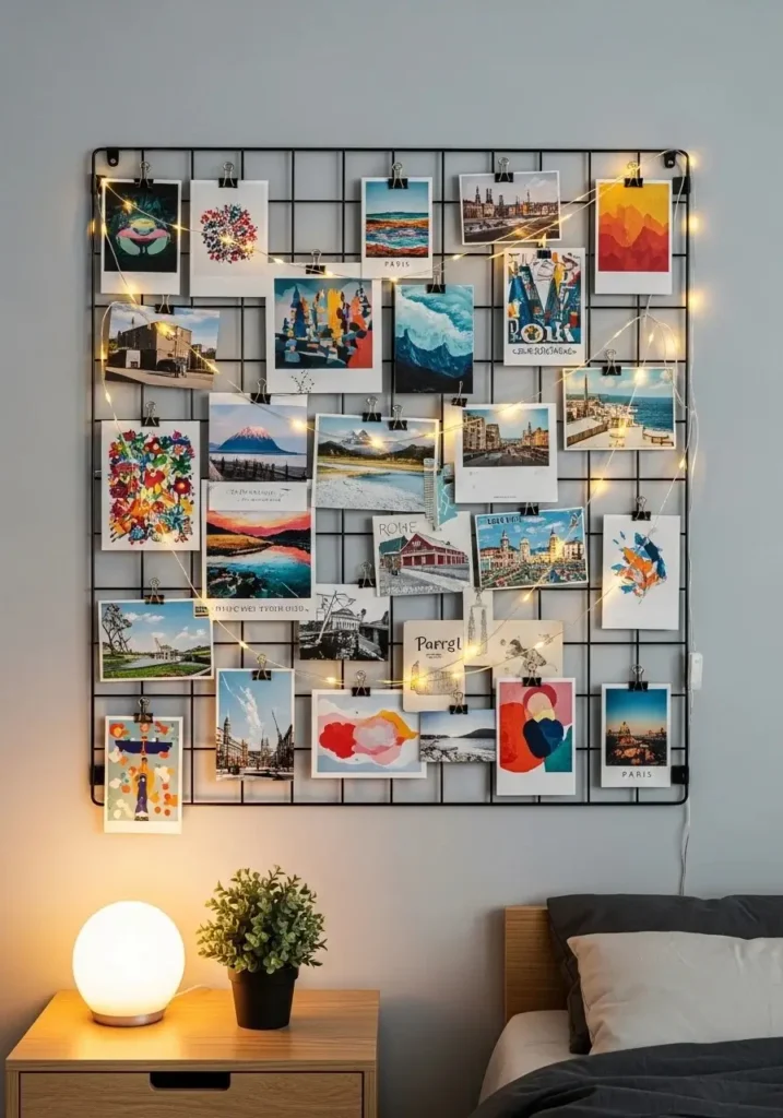 String lights on wall grid with photos creating a personal cozy memory wall