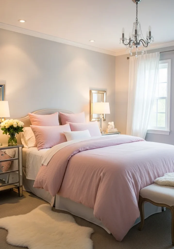 Blush pink and gray bedroom creating a soft elegant and cozy feel