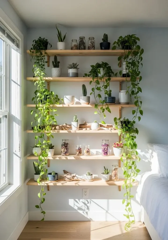 Floating shelves styled with greenery to add life and freshness to the bedroom