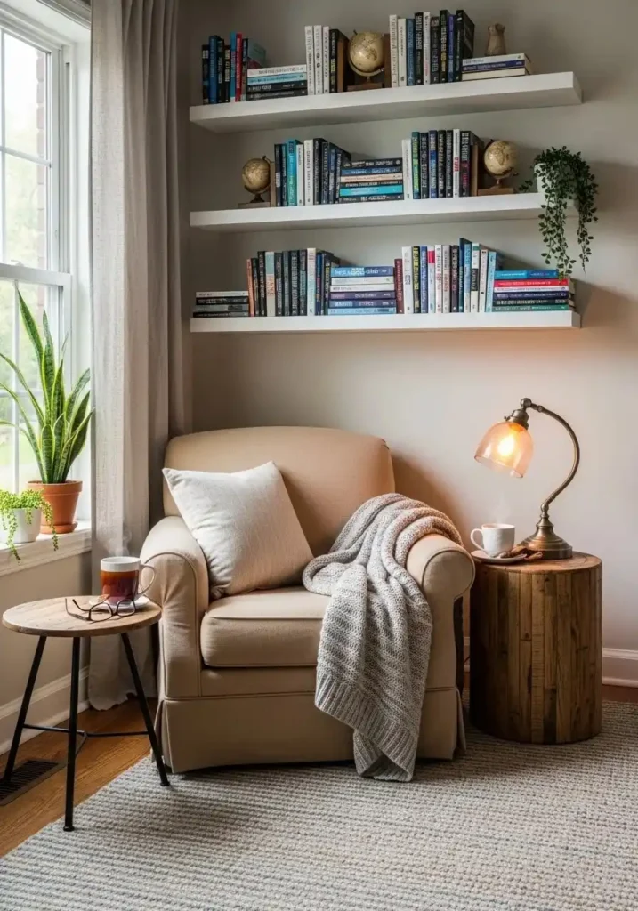 Floating shelves in a cozy bedroom reading corner with books and soft lighting
