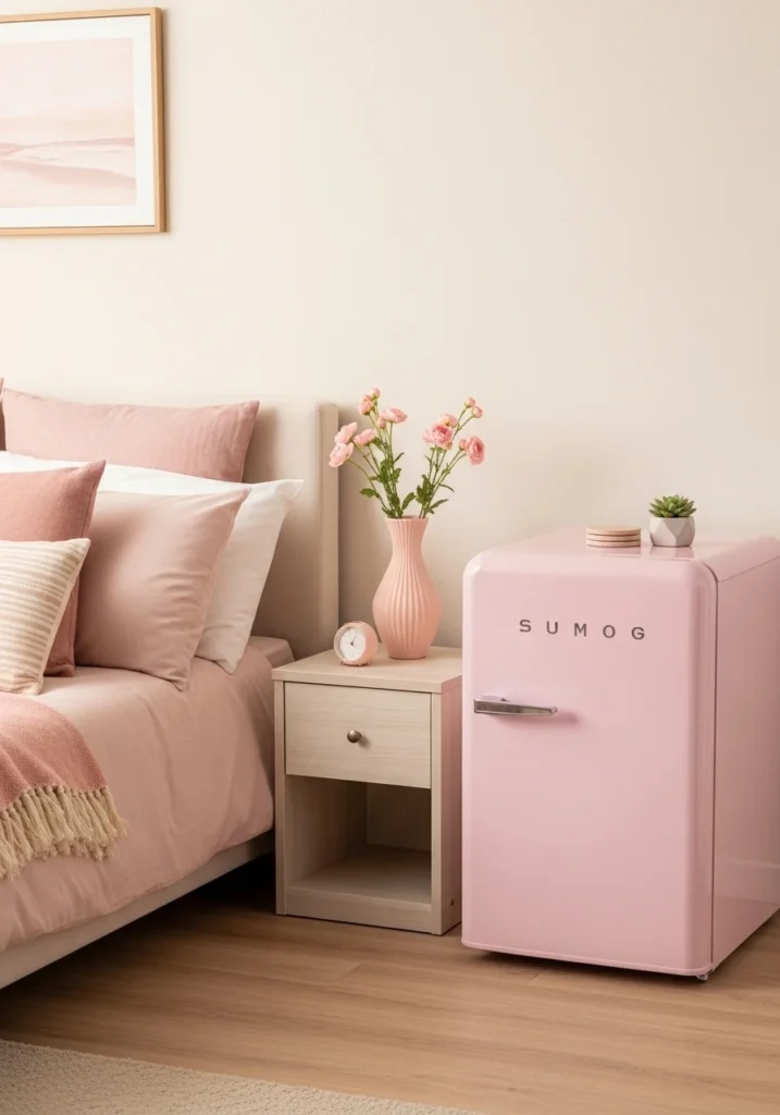 mini fridge matching bedroom color palette aesthetic design