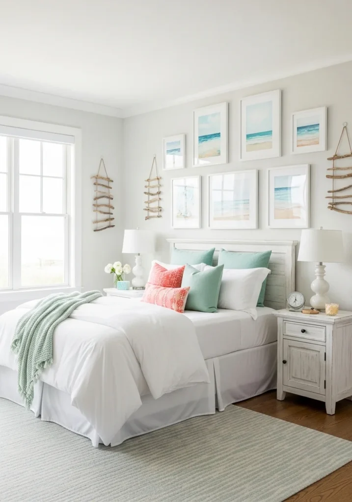 Granddaughter bedroom with ocean-inspired wall art, driftwood accents, and pastel coastal colors
