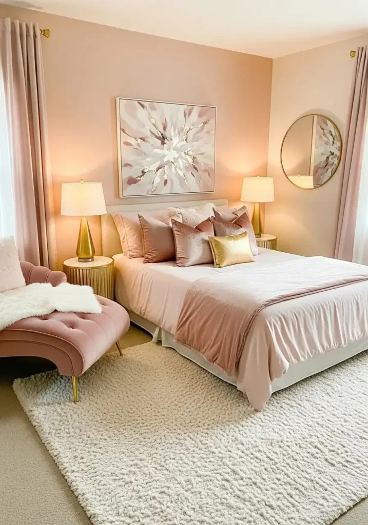 Chic bedroom with soft glam decor and cozy elegant styling
