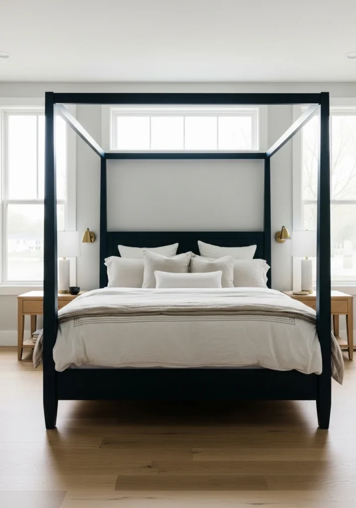 Bold-colored canopy bed in navy or emerald paired with neutral bedding for dramatic impact.