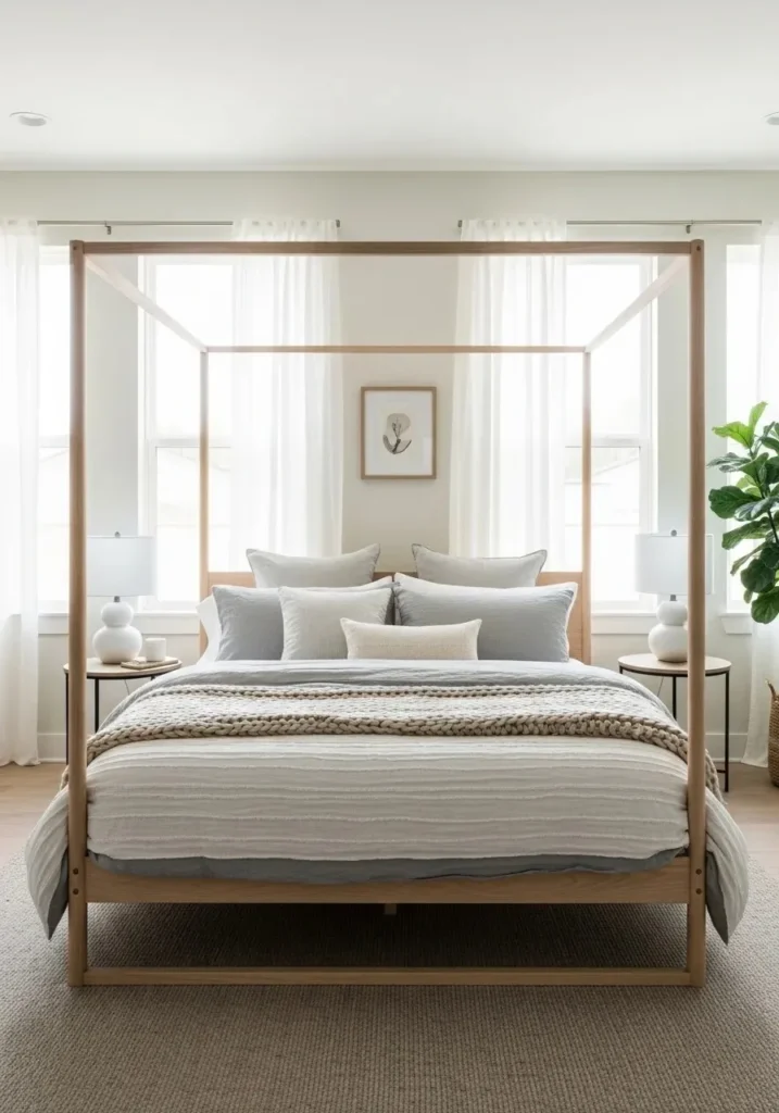 Minimalist canopy bed with no fabric, clean lines, and textured bedding in a contemporary bedroom.