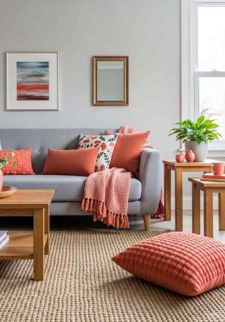 Coral and gray living room with balanced, playful accents.