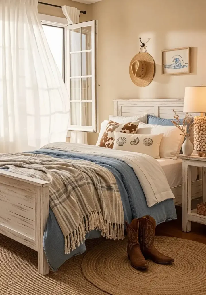 Coastal cowgirl bedroom with airy sheer curtains and soft natural light.