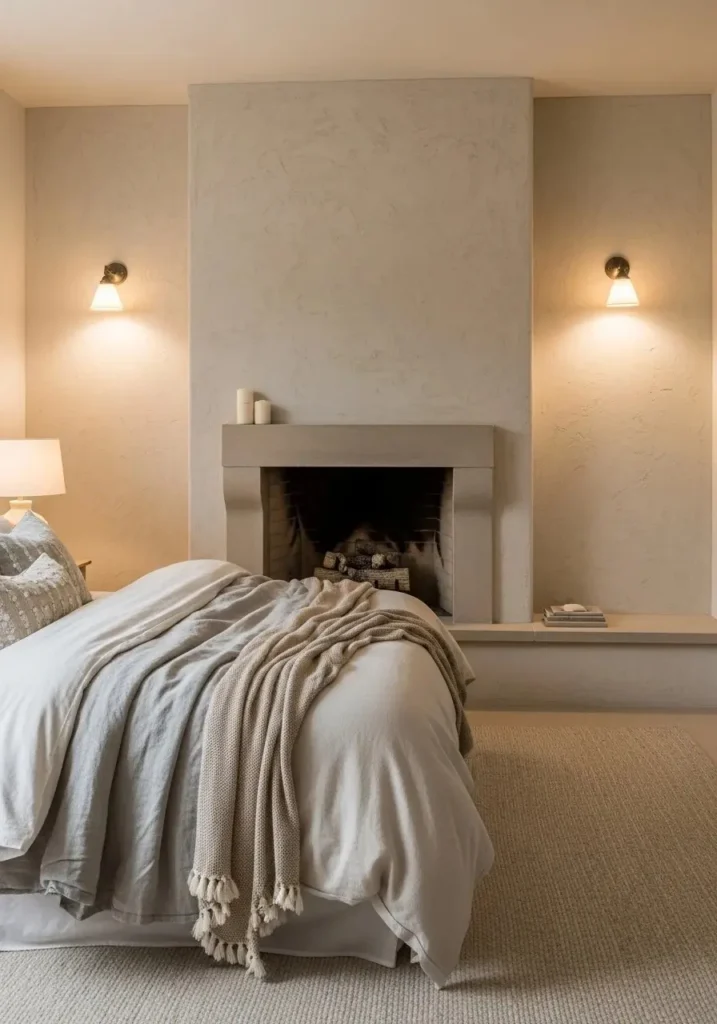Neutral textured fireplace in modern cozy bedroom
