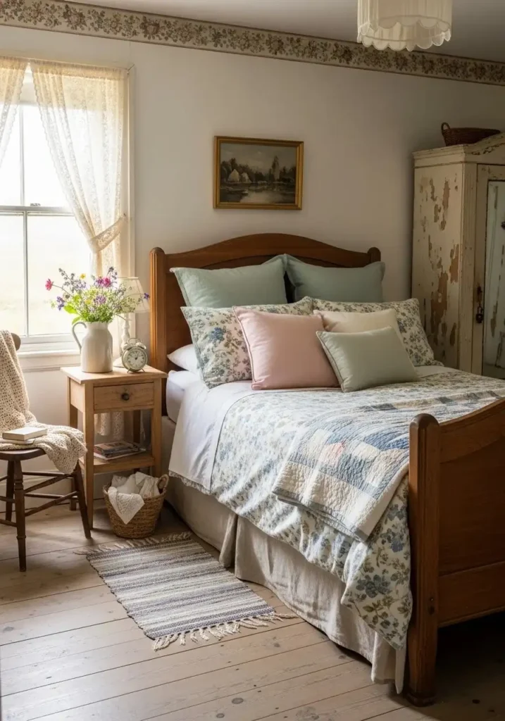 Vintage cottage bedroom with soft floral bedding and coordinating pastel pillows on a wooden bed.