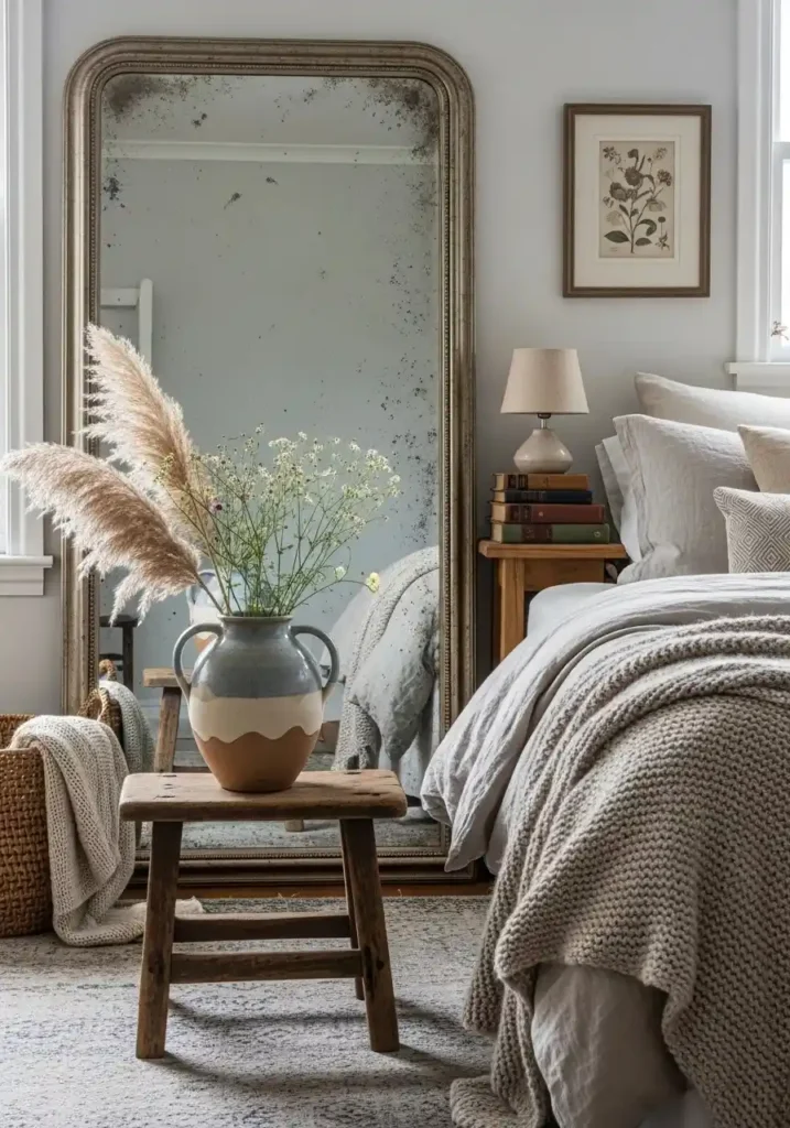 boho coastal bedroom with vintage decor and collected natural pieces